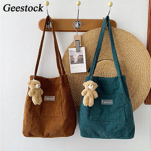 Geestock Corduroy Shoulder Bag for Women Vintage Shopping Bags Casual Totes