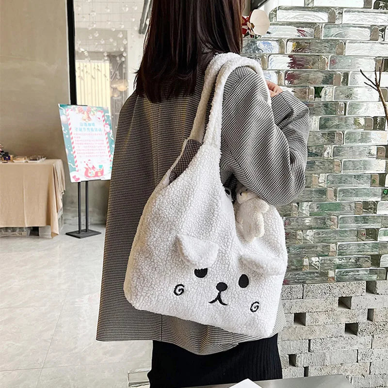 Geestock Winter Plush Bag Cartoon Embroidery Lamb Hair Shoulder Bags