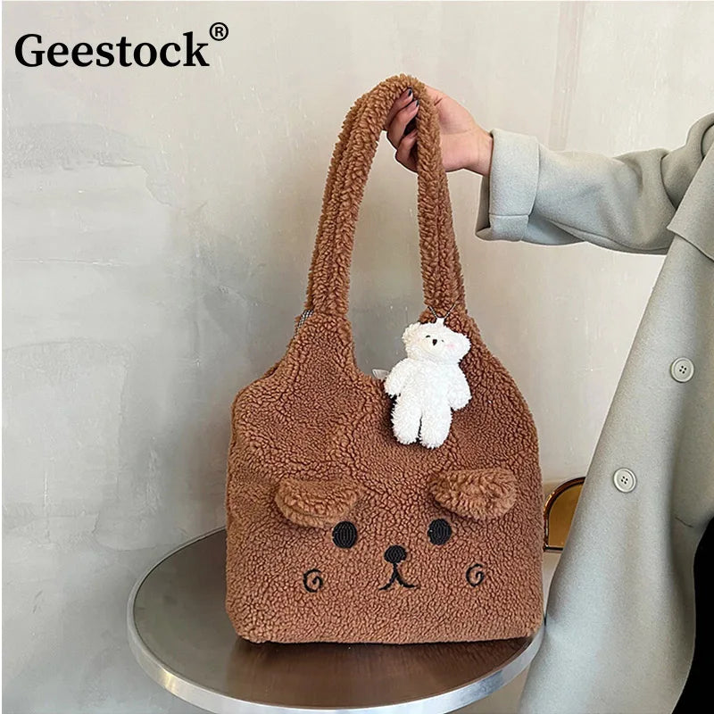 Geestock Winter Plush Bag Cartoon Embroidery Lamb Hair Shoulder Bags