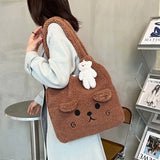 Geestock Winter Plush Bag Cartoon Embroidery Lamb Hair Shoulder Bags