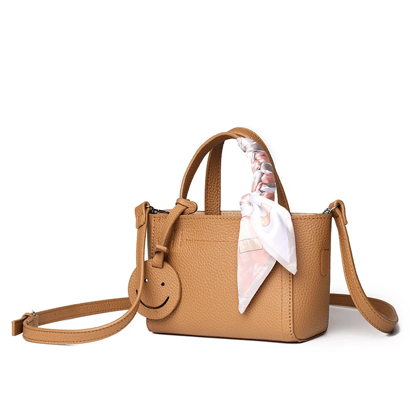 Vintage Small Handbags Cowhide Leather Ribbon Smiling Face Girls Shoulderbag