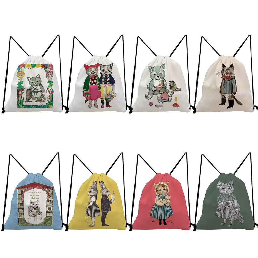 Cat Girl Print Backpack Japanese Style Drawstring Pocket Softback Bag
