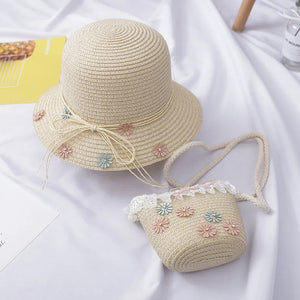 Girls Kids Beach Bag Bucket Straw Bag Sun Hat Set