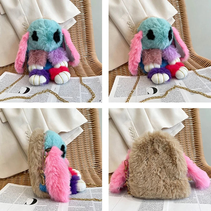 Girls Rabbit Faux Fur Backpack Bunny Hare Plush Doll Crossbody Handbag Satchel