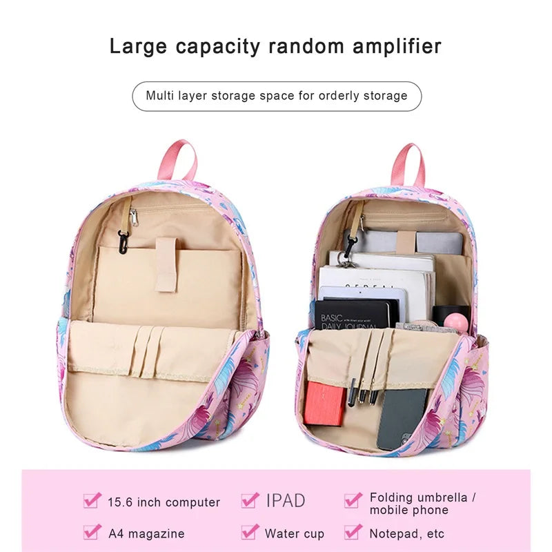 Girls School Backpack 3Pcs Set Cartoon Clouds Stripes Horses Print