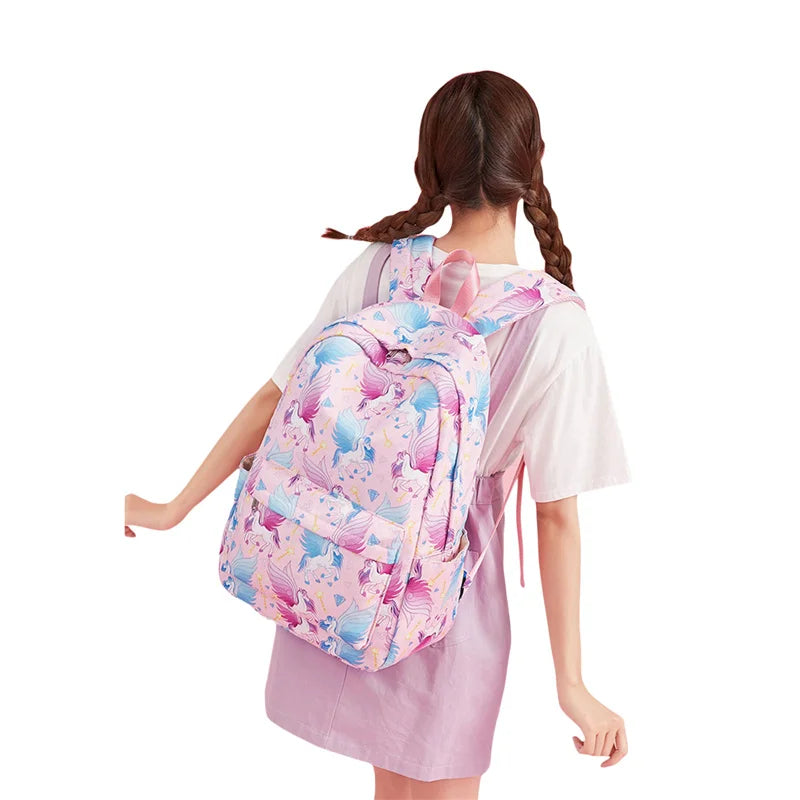 Girls School Backpack 3Pcs Set Cartoon Clouds Stripes Horses Print