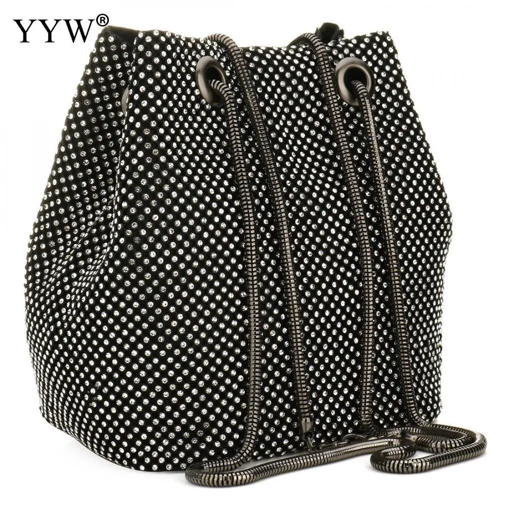 Zinc Alloy Bucket Bag Small Clutch With Rhinestones