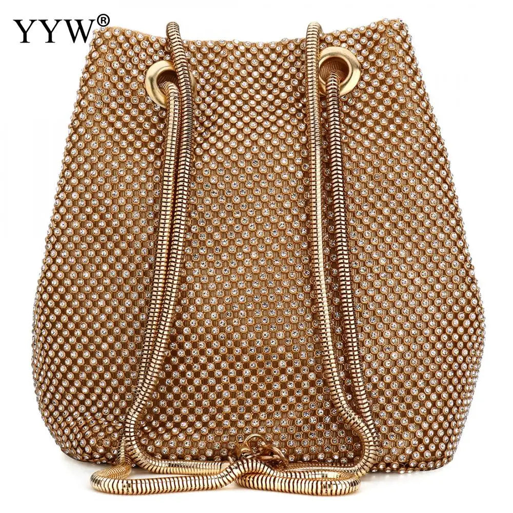 Zinc Alloy Bucket Bag Small Clutch With Rhinestones