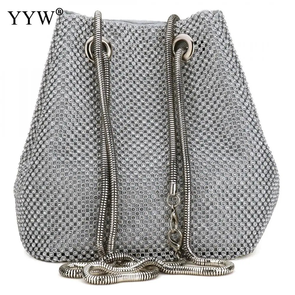 Zinc Alloy Bucket Bag Small Clutch With Rhinestones