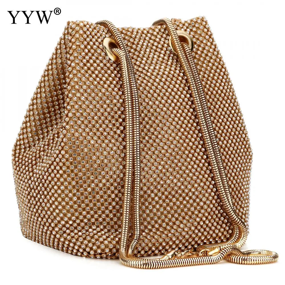 Zinc Alloy Bucket Bag Small Clutch With Rhinestones