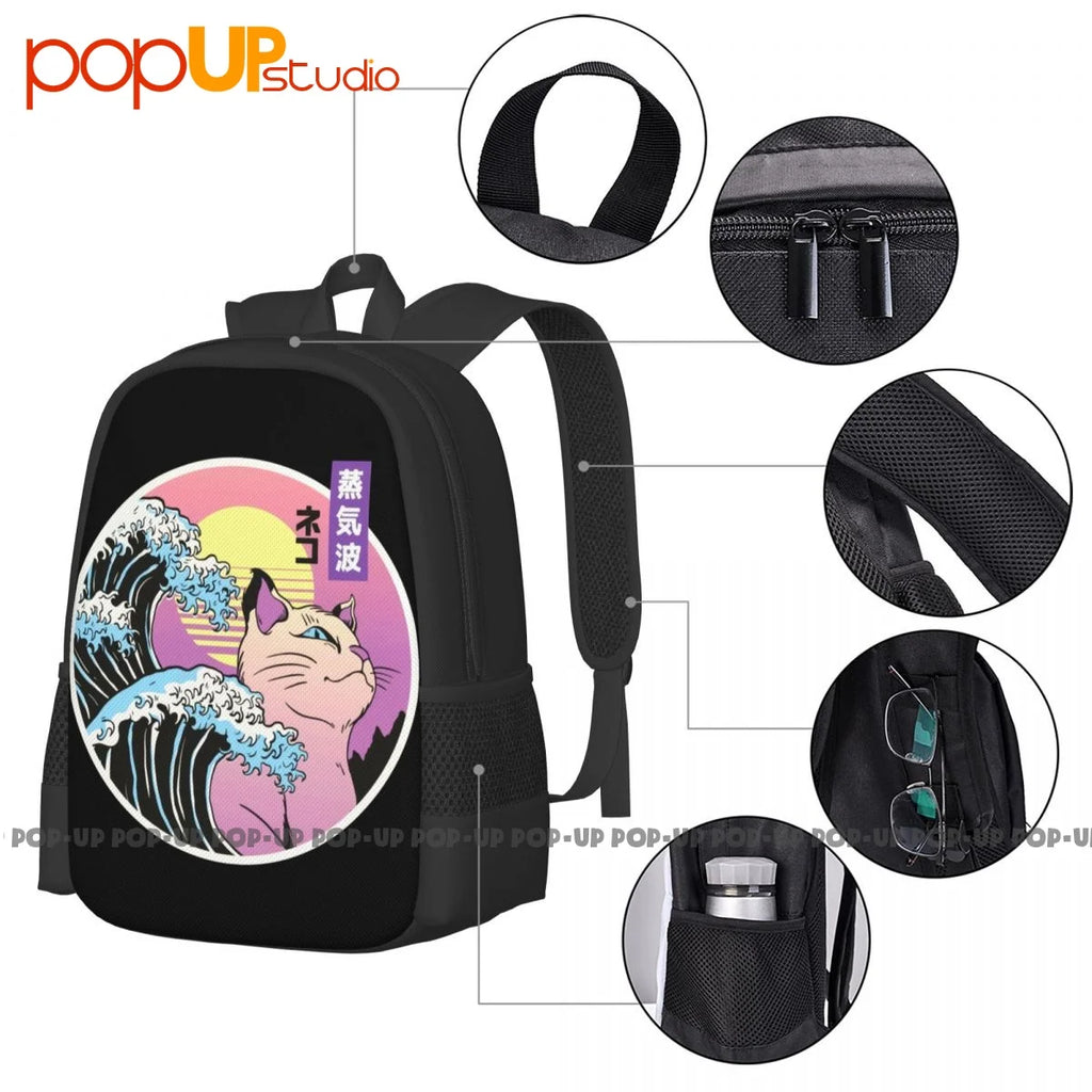 Great Wave Japanese Vaporwave Cat 90S Backpack Large Capacity Travel Schoolbag
