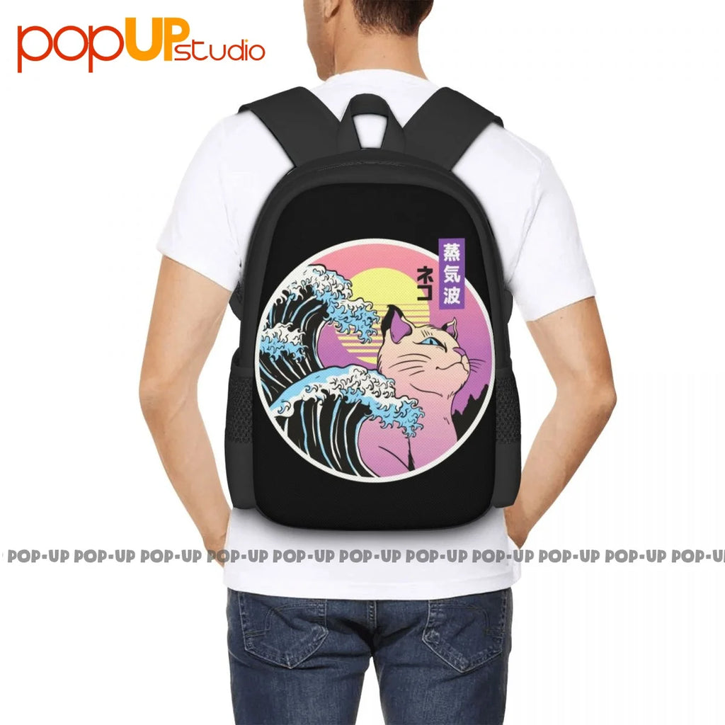 Great Wave Japanese Vaporwave Cat 90S Backpack Large Capacity Travel Schoolbag