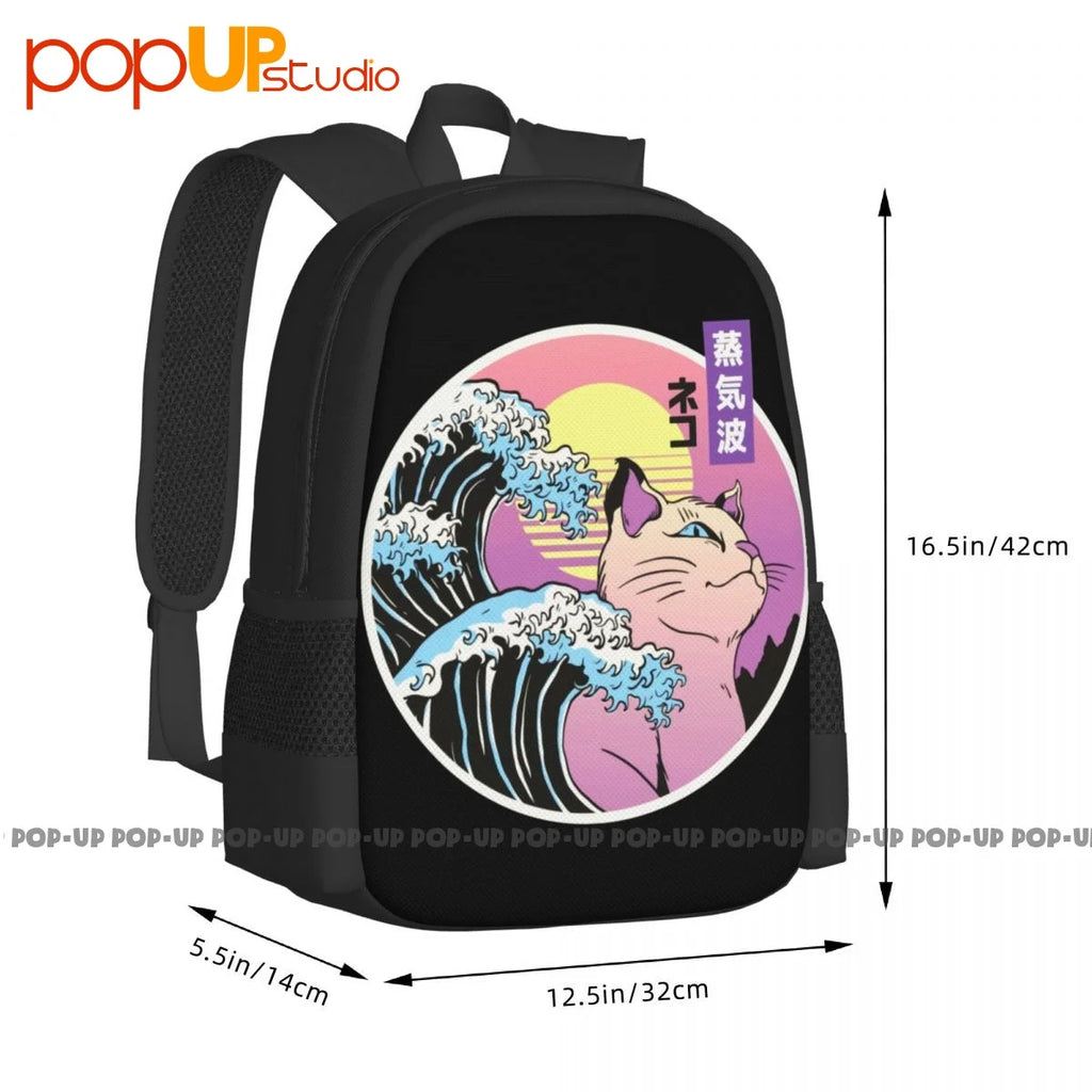 Great Wave Japanese Vaporwave Cat 90S Backpack Large Capacity Travel Schoolbag
