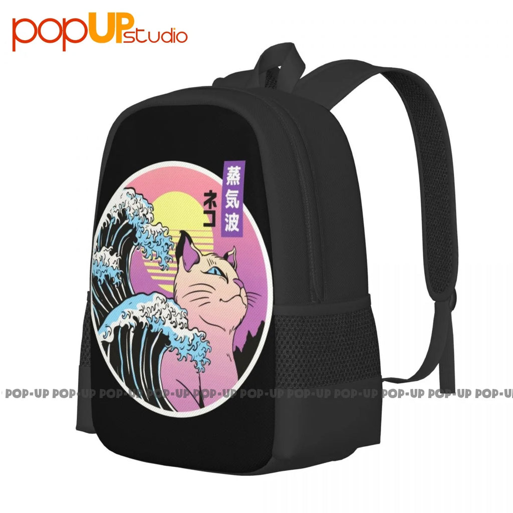 Great Wave Japanese Vaporwave Cat 90S Backpack Large Capacity Travel Schoolbag