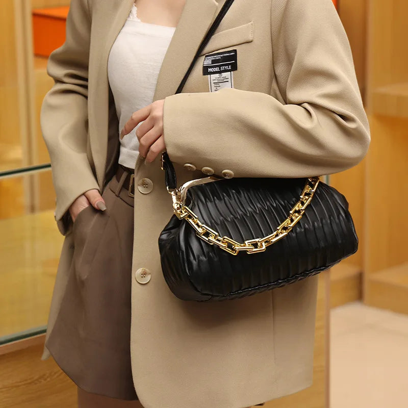 Green Pleated Crossbody Bag Clutch Chain Shoulder Silver Purse for Women