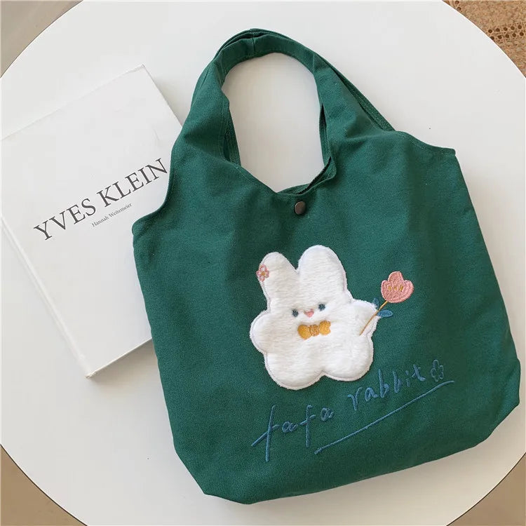 Green Shoulder Bag for Women Bunny Embroidery Canvas Tote Handbag MO507