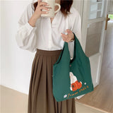 Green Shoulder Bag for Women Bunny Embroidery Canvas Tote Handbag MO507