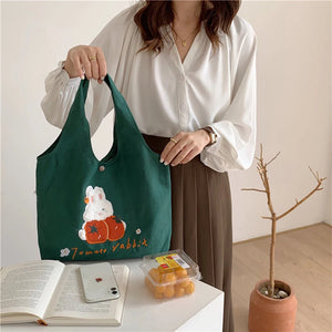 Green Shoulder Bag for Women Bunny Embroidery Canvas Tote Handbag MO507