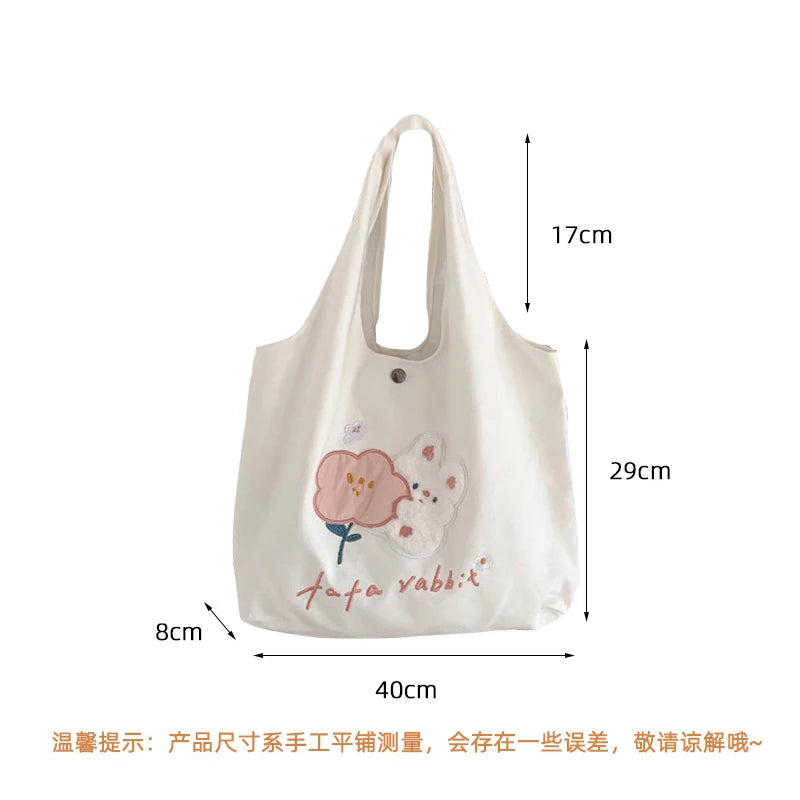 Green Shoulder Bag for Women Bunny Embroidery Canvas Tote Handbag MO507
