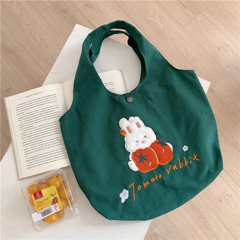 Green Shoulder Bag for Women Bunny Embroidery Canvas Tote Handbag MO507
