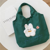 Green Shoulder Bag for Women Bunny Embroidery Canvas Tote Handbag MO507