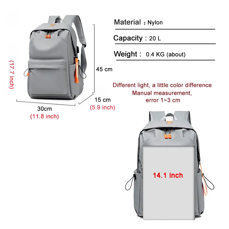 Grey USB School Backpack Lightweight Water Proof 14 Inch Laptop Bag