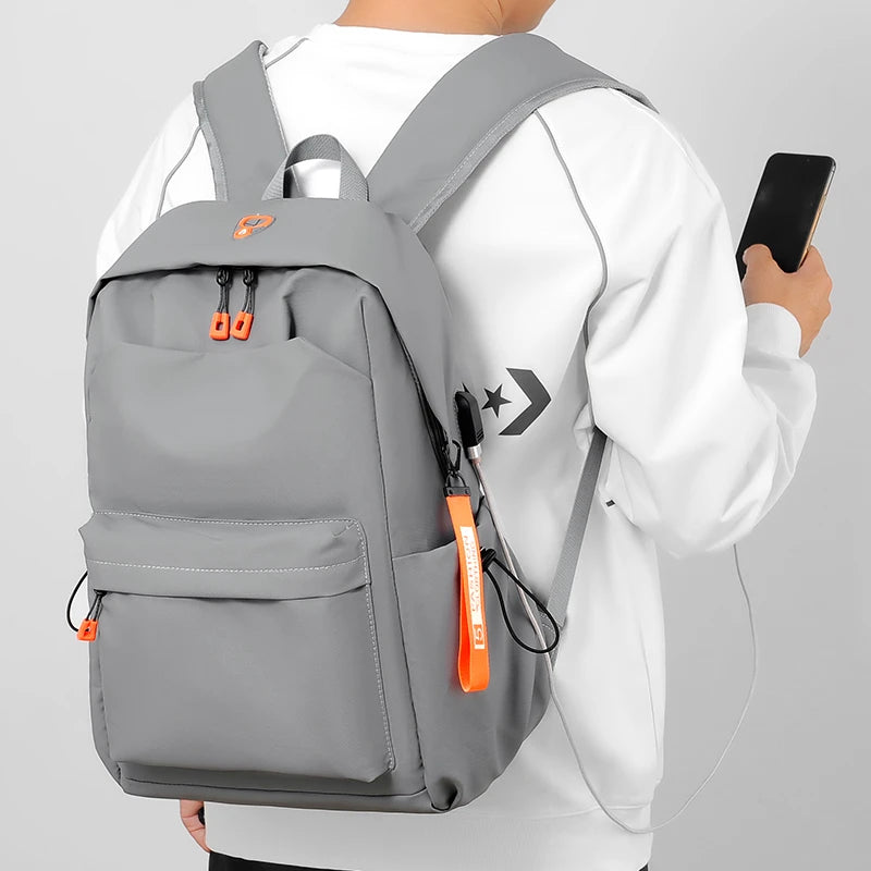 Grey USB School Backpack Lightweight Water Proof 14 Inch Laptop Bag