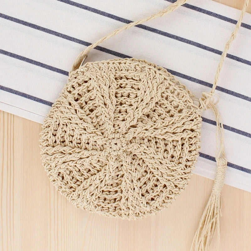 Round Women Straw Bag Handbag Knit Summer Beach Bag Tassel Crossbody