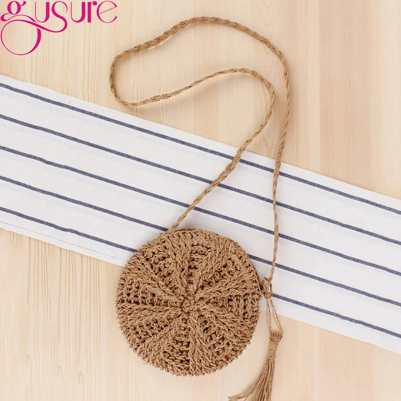Round Women Straw Bag Handbag Knit Summer Beach Bag Tassel Crossbody