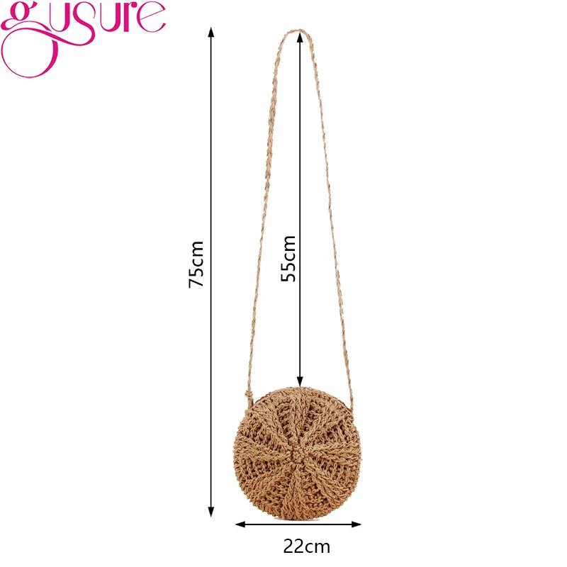 Round Women Straw Bag Handbag Knit Summer Beach Bag Tassel Crossbody