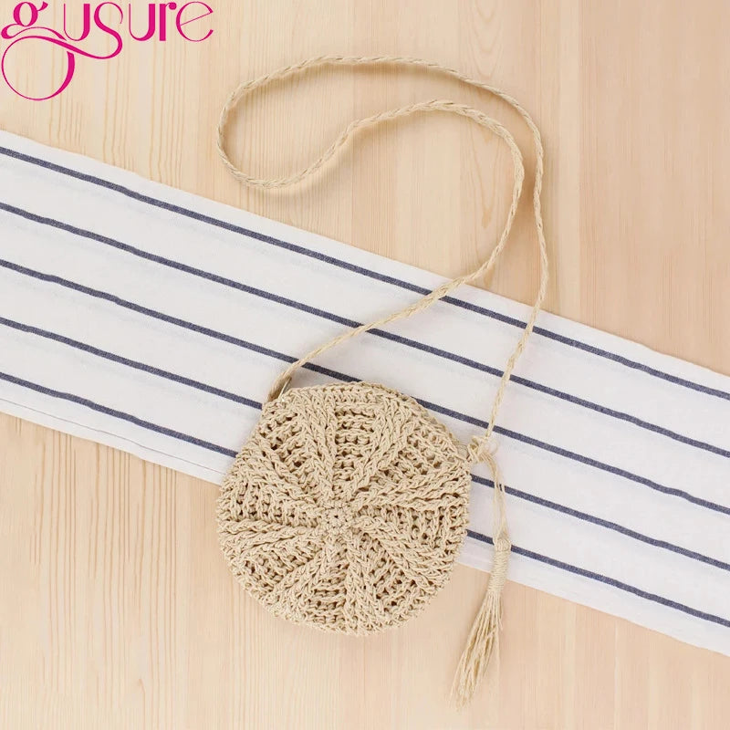 Round Women Straw Bag Handbag Knit Summer Beach Bag Tassel Crossbody