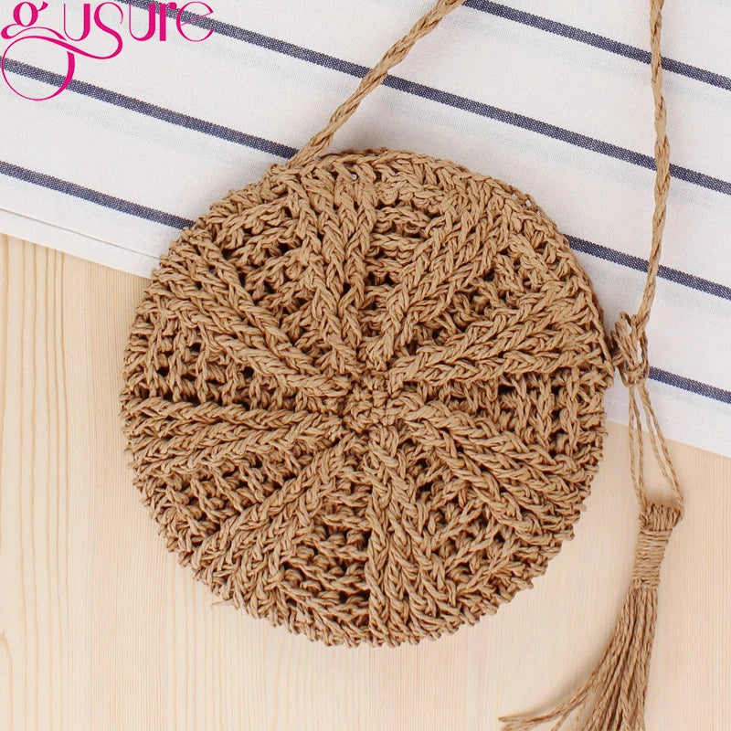 Round Women Straw Bag Handbag Knit Summer Beach Bag Tassel Crossbody