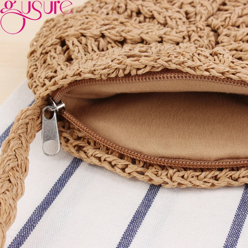 Round Women Straw Bag Handbag Knit Summer Beach Bag Tassel Crossbody