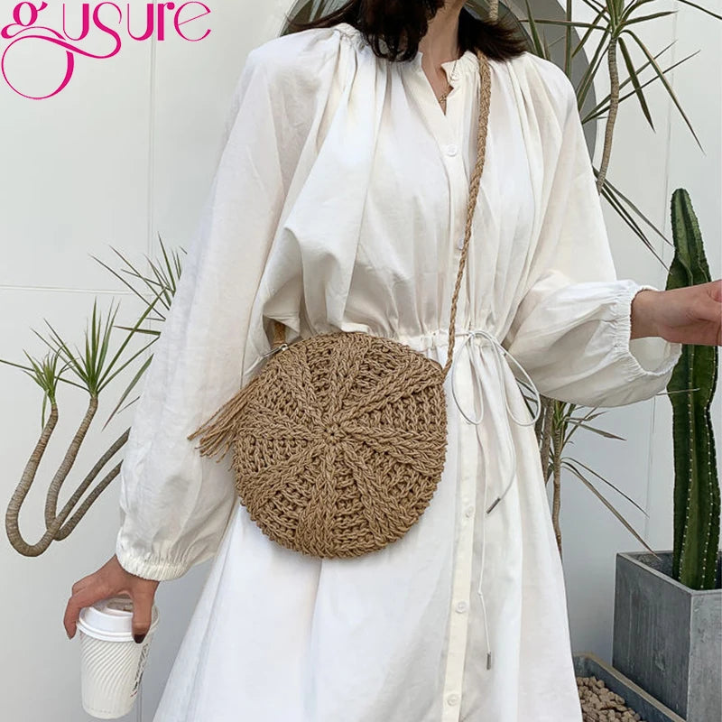 Round Woven Rattan Messenger Bag with Tassel