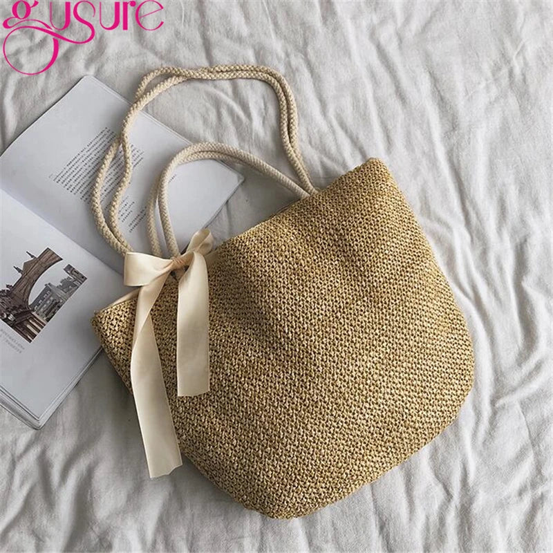 Straw Bucket Women Bag Drawstring Girls Shoulder Bags with Ribbon Female Handbag