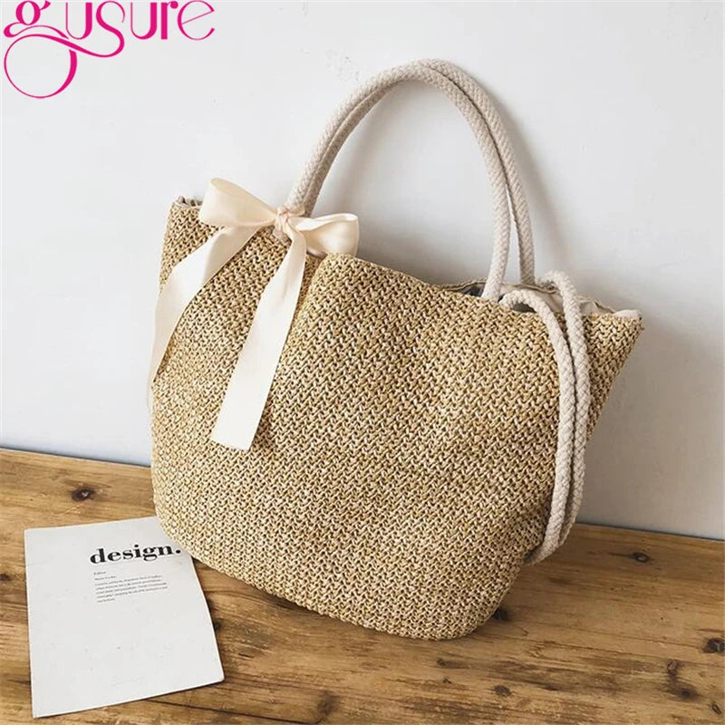 Straw Bucket Women Bag Drawstring Girls Shoulder Bags with Ribbon Female Handbag
