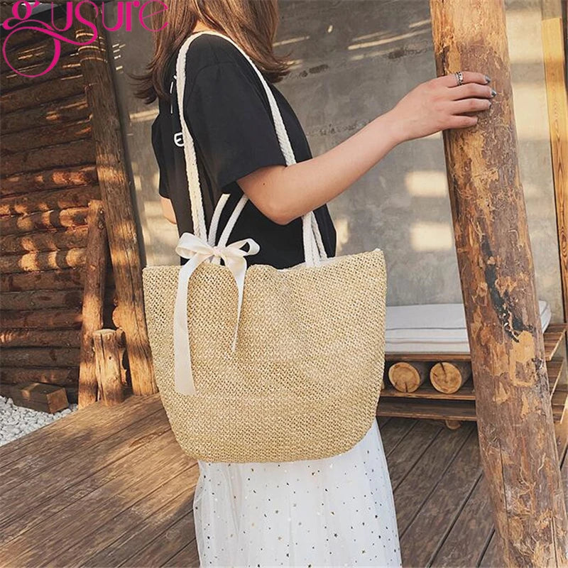 Straw Bucket Women Bag Drawstring Girls Shoulder Bags with Ribbon Female Handbag