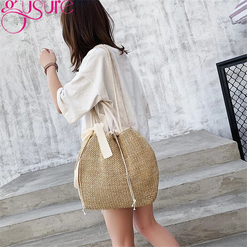 Straw Bucket Women Bag Drawstring Girls Shoulder Bags with Ribbon Female Handbag