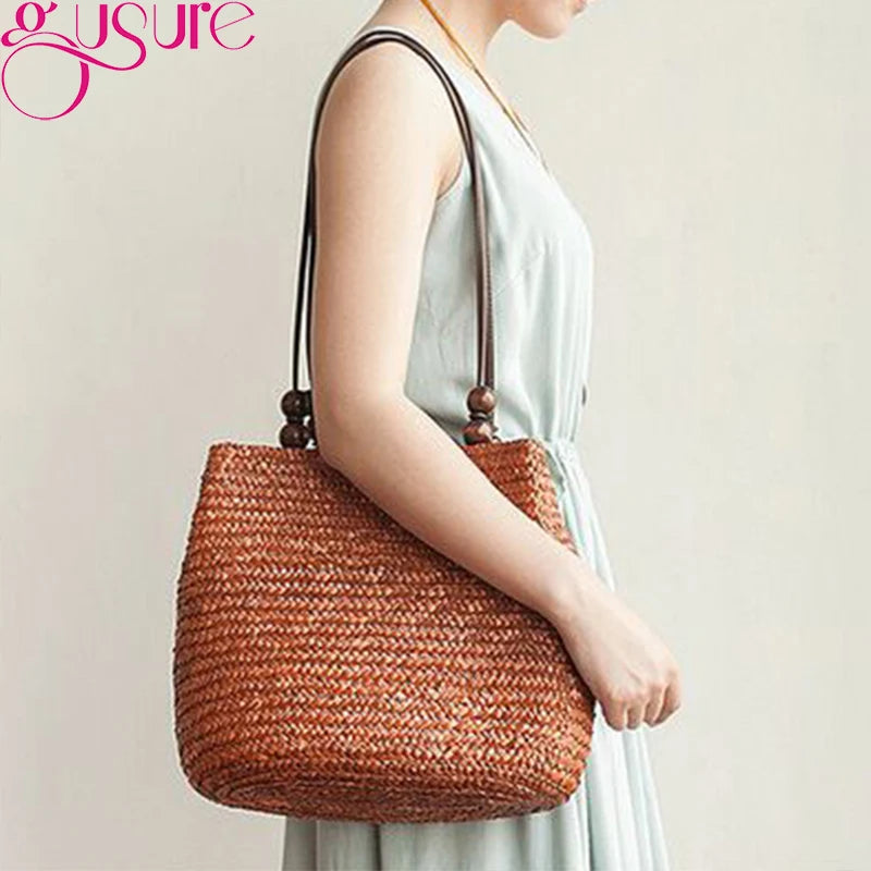 Straw Shoulder Bag Beach Bucket Handbag Rattan Woven Casual Tote