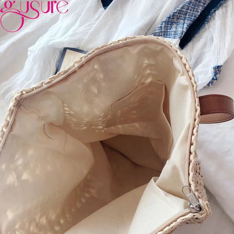 Women Summer Beach Bag Retro Knitted Straw Woven Handbag Large Capacity