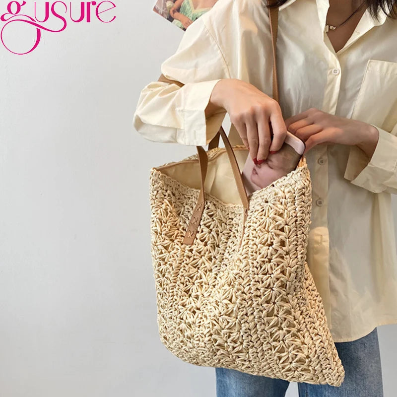 Women Summer Beach Bag Retro Knitted Straw Woven Handbag Large Capacity