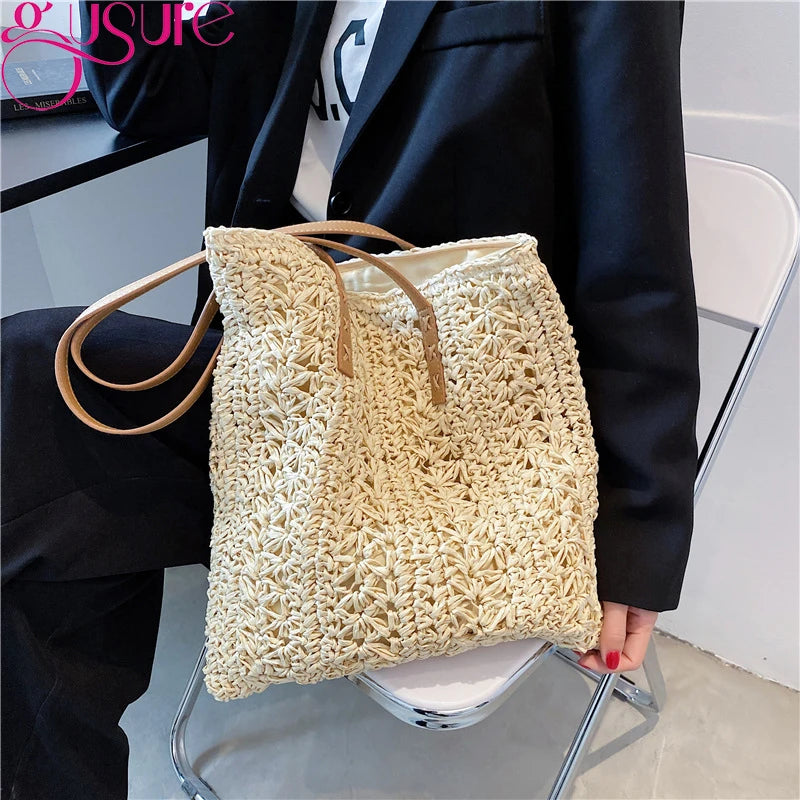 Women Summer Beach Bag Retro Knitted Straw Woven Handbag Large Capacity