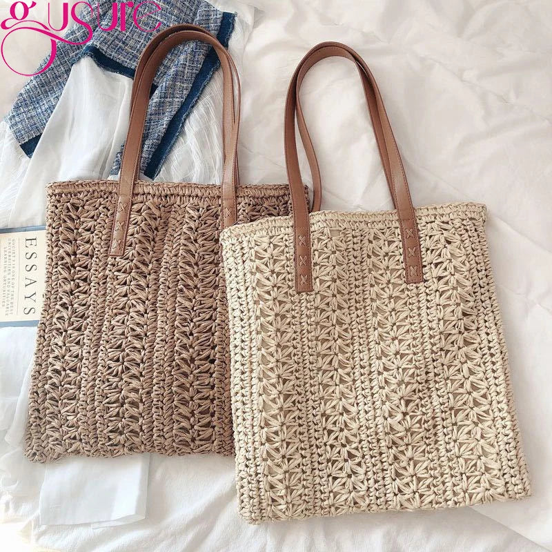 Women Summer Beach Bag Retro Knitted Straw Woven Handbag Large Capacity