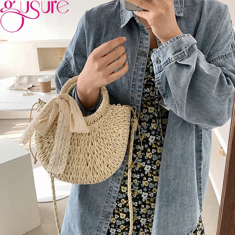 Women Straw Beach Bag Round Shoulder Crossbody Bow Rattan Handbag Bohemian Totes