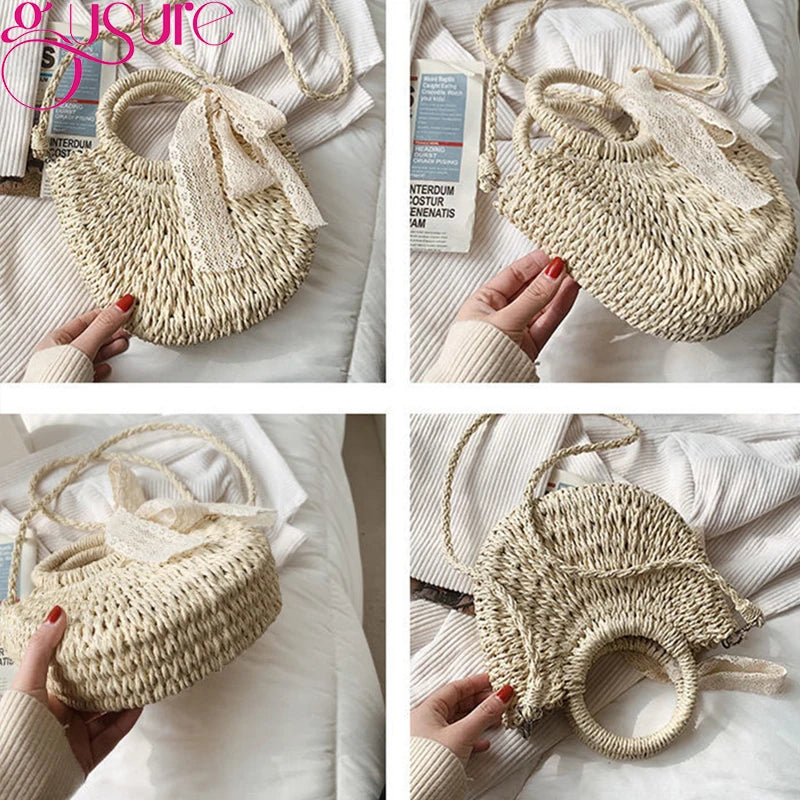 Women Straw Beach Bag Round Shoulder Crossbody Bow Rattan Handbag Bohemian Totes