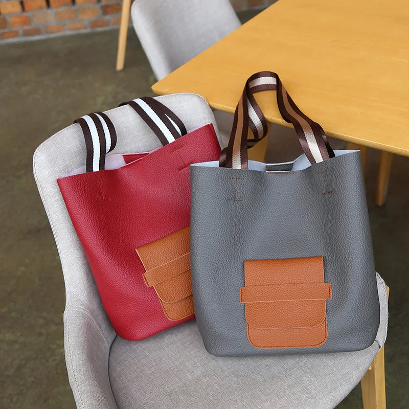 Bucket Shoulder Bag Women Handbags High Pu Leather Bag Ladies Patchwork Purse