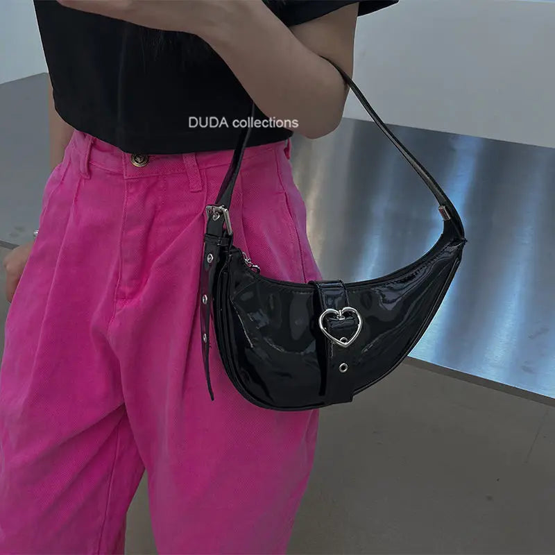 Half Moon Girls Underarm Bag Patent Leather Love Heart Clutch Purse