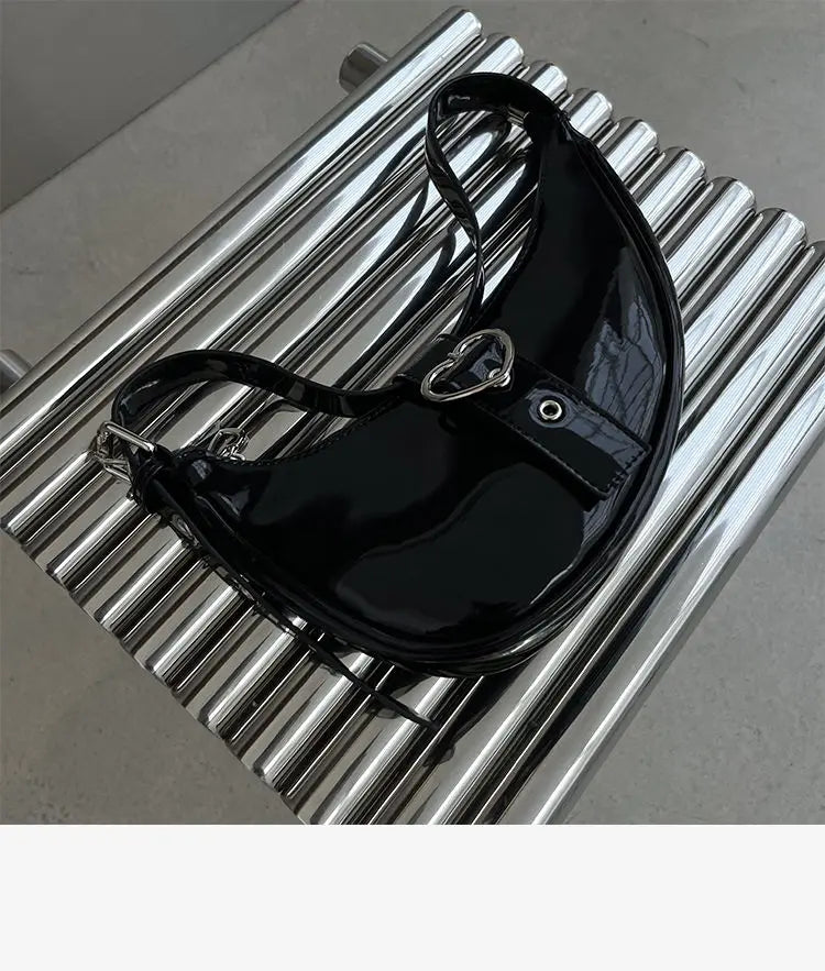 Half Moon Girls Underarm Bag Patent Leather Love Heart Clutch Purse