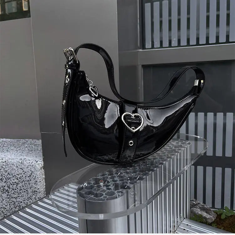Half Moon Girls Underarm Bag Patent Leather Love Heart Clutch Purse