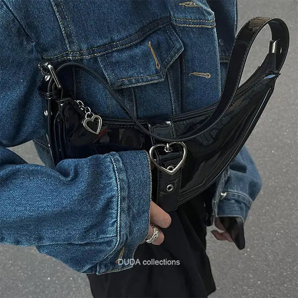 Half Moon Girls Underarm Bag Patent Leather Love Heart Clutch Purse